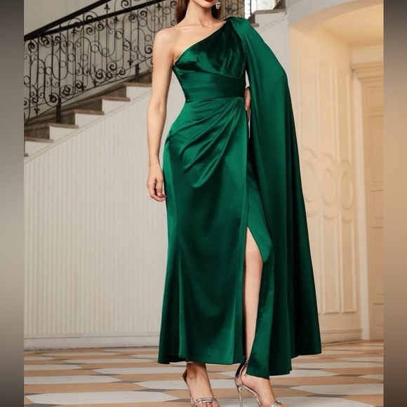 Luxe light gray one shoulder party formal evening wedding prom satin dress - Picture 11 of 16